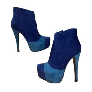Luichiny Two-Tone Blue Rhinestone High Heel Ankle Boots Booties Size 8.5